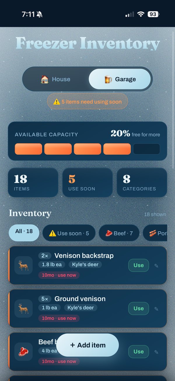 Deep Freeze on a phone, showing the garage freezer at 20% free with 18 items and 5 flagged to use soon.