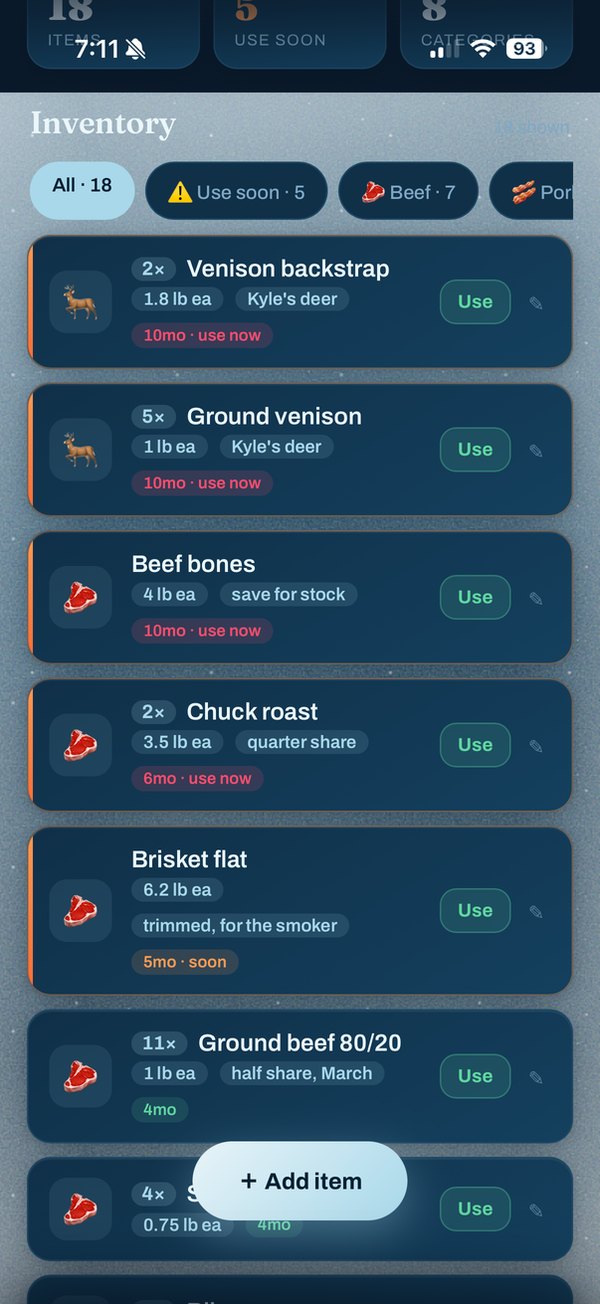 Inventory list sorted oldest first, with venison and beef flagged use now.
