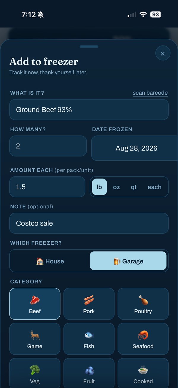 Add to freezer form with name, count, weight, date, freezer and category.